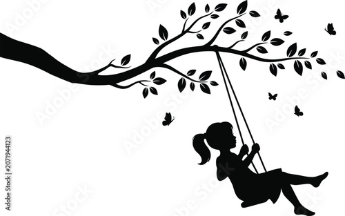 Foto Little Girl on a Tree Swing Silhouette Vector Illustration with Butterflies and