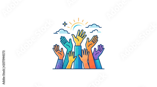 Tableau sur toile Diverse hands raised in celebration together.