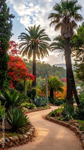 A serene garden pathway with palm trees and vibrant flowers