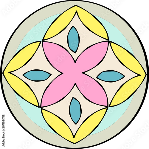 Geometric Flower Mandala Design: A colorful mandala design featuring a stylized flower pattern in pink, yellow, and cyan, set within a circular frame.
