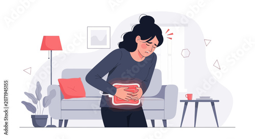 Woman Experiencing Abdominal Discomfort, Stomachache, Pain, In Her Cozy Living Room Scene