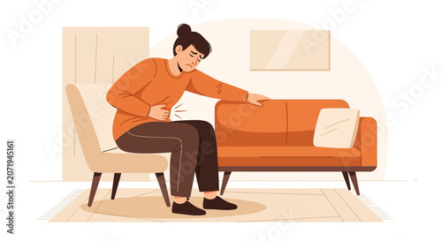 Woman Experiencing Abdominal Discomfort, Sitting, Sofa, Health Illustration, Pain, Illness, Home