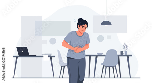 Woman Experiencing Abdominal Discomfort, Stomach Ache, And Feeling Unwell In An Interior Scene