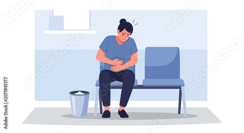 Woman Experiencing Abdominal Discomfort, Waiting in a Medical Setting for Treatment or Relief