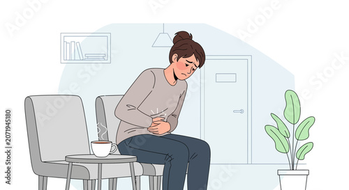 Woman Experiencing Abdominal Discomfort, Waiting in a Clinic, Feeling Unwell, Facing Pain Issues
