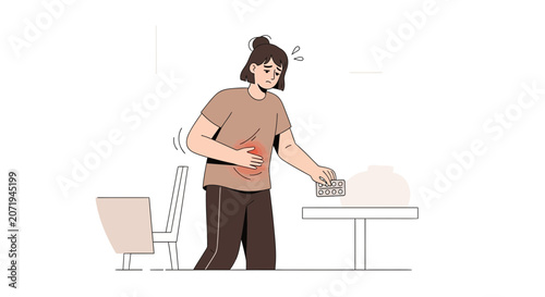 Woman Experiencing Abdominal Distress Reaching For Medication To Alleviate Discomfort