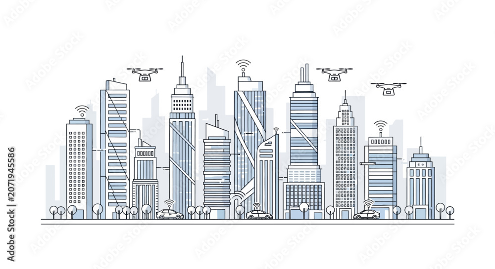Obraz premium Smart City Skyline with Drones, Autonomous Cars and Wi-Fi Signals