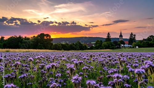 A serene landscape of a purple flower field at sunset