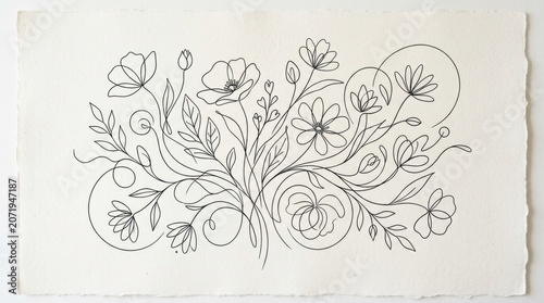 Elegant line drawing of flowers and leaves on paper