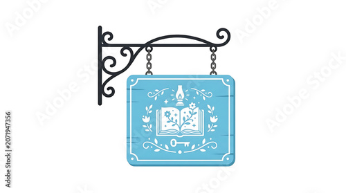 Vintage hanging sign with open book, lantern, and key illustration