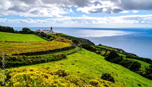 A serene landscape of rolling green hills and cliffs overlooking ocean