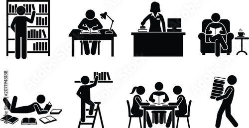 Obraz na płótnie Library and student study icon set showing stick figures reading books, research
