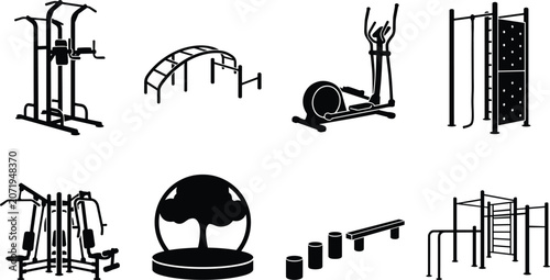 Photos Outdoor fitness equipment and gym machine vector icon set featuring calisthenics