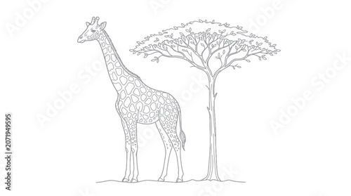 Photography Giraffe and Acacia Tree Outline Vector Illustration