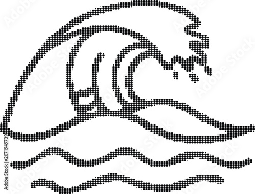 Stylized ocean wave halftone vector art with water ripples and foam splash isolated on transparent background design.