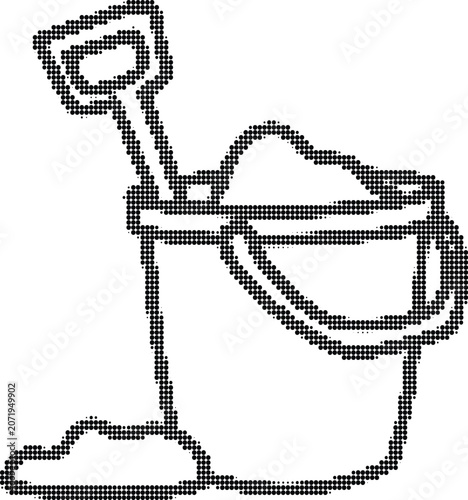 Summer beach bucket with shovel and sand icon, simple outline drawing with dots on transparent background.