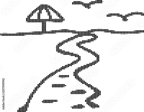Summer landscape illustration with beach umbrella and winding path leading to ocean designed in modern halftone dot style.