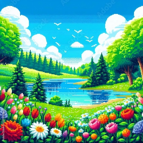 Retro 16-bit style nature background with a scenic river and lush green trees