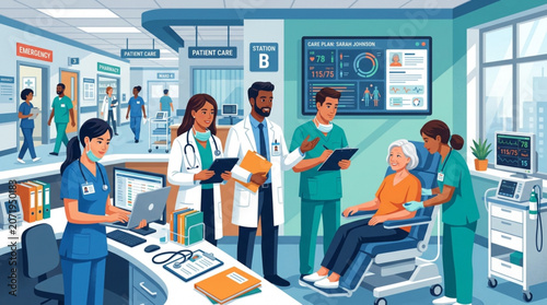 Foto Hospital staff attending to patient in ward