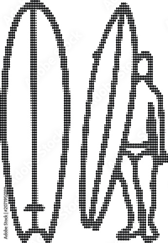 Surfboard standing next to surfer icon with halftone dot texture pattern style for beach lifestyle summer sports imagery.