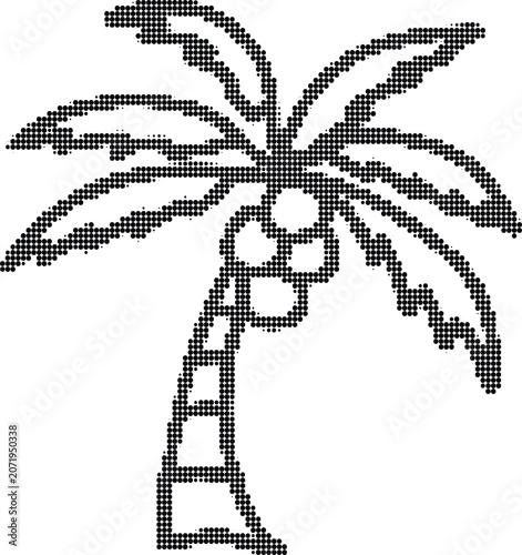 Tropical palm tree silhouette in halftone dotted style for summer island vacation graphic on transparent grid background.