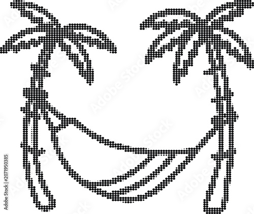 Tropical vacation scene with hammocks strung between palm trees rendered in black halftone dot style for summer travel art.