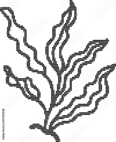 Underwater seaweed plant graphic in halftone dot pattern style black and white vector art isolated on grid background.