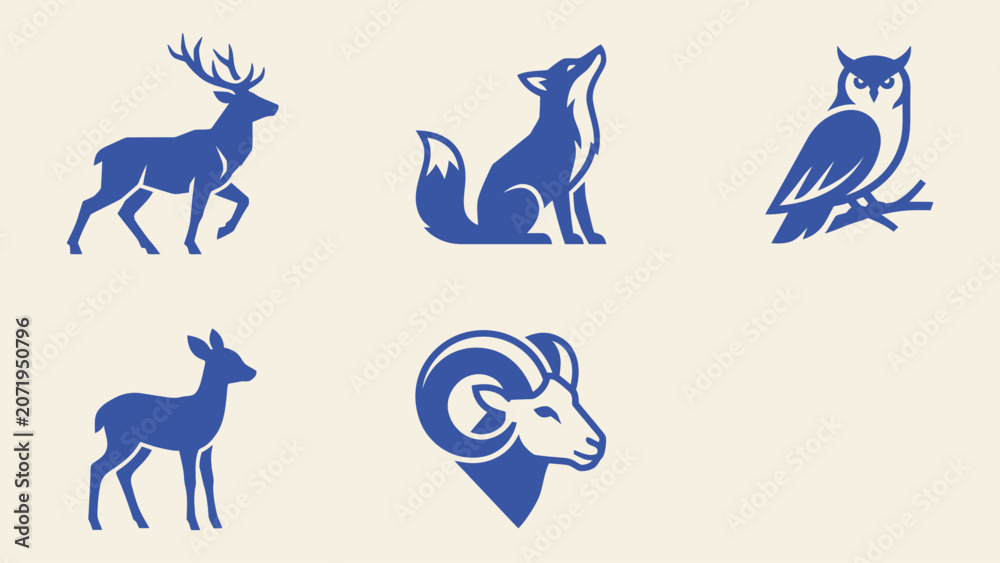 Obraz premium Minimalist wild animal logo icons set featuring deer fox owl doe and ram vector illustrations for branding and identity design