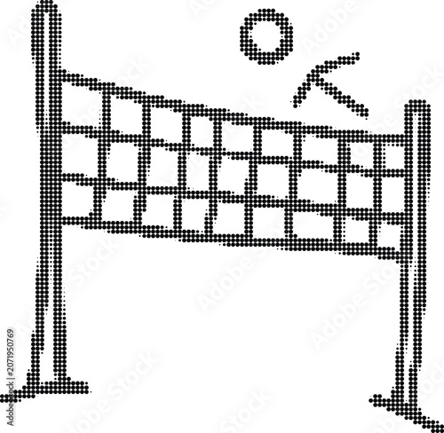 Volleyball net and ball spike action silhouette in halftone dotted style for sports tournament graphic on grid background.