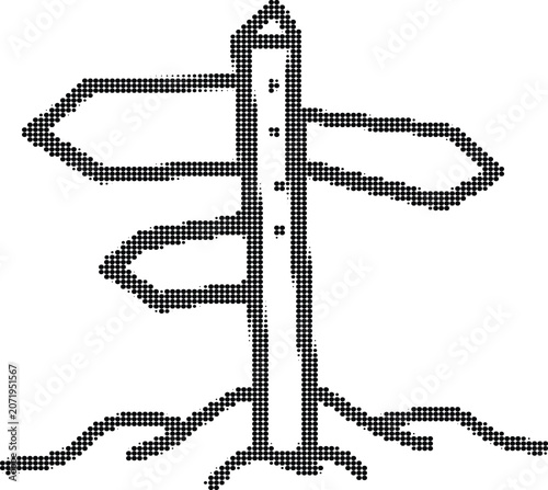 Wooden directional road signpost with multiple arrows showing paths and routes isolated in artistic halftone dot aesthetic.