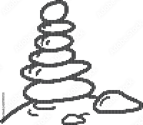 Zen stones stacked vertically forming pile with smooth balancing rocks and pebbles arranged in creative halftone dot pattern.