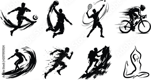 Black silhouette vector illustrations of athletes playing soccer, basketball, tennis, cycling, surfing, running, climbing, and yoga