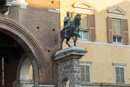 Equestrian statue close-up. The 15th century Town Hall. Ferrara, Emilia-Romagna, Italy.