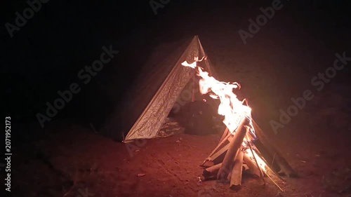 Camping Tent and Bonfire at Night Under the Starry Sky