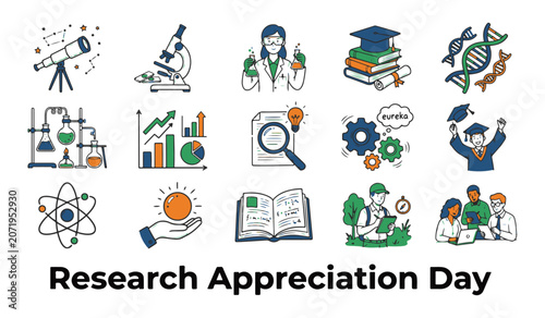 Collection of science, education, and research themed illustrations with 'Research Appreciation Day' text