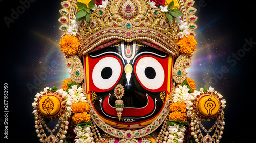 Lord Jagannath idol adorned with an intricate gold crown, jewels, and marigold garlands against a glowing cosmic background