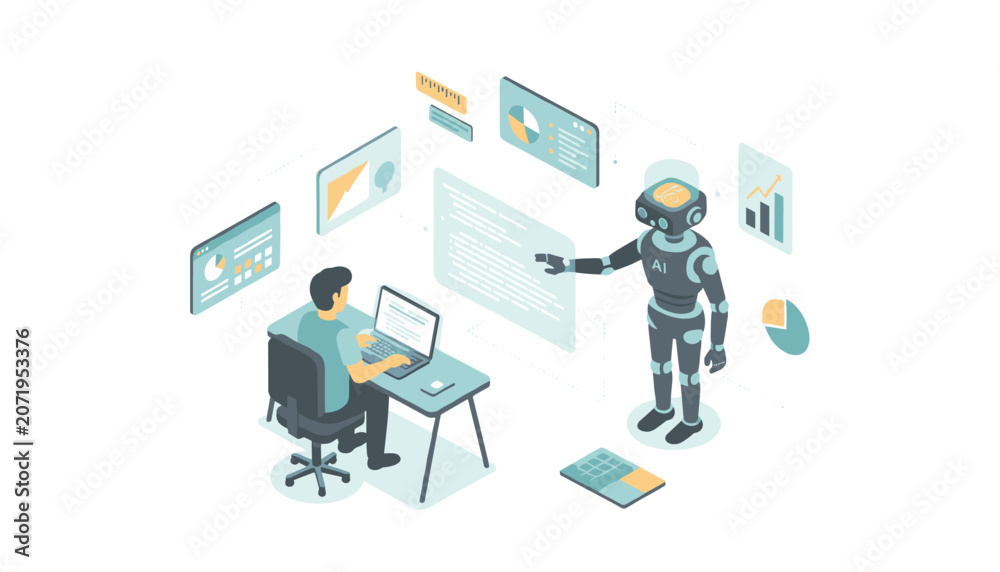 Fototapeta premium Collaborative data analysis session involving a human specialist and an intelligent robot partner reviewing project metrics on a digital screen.
