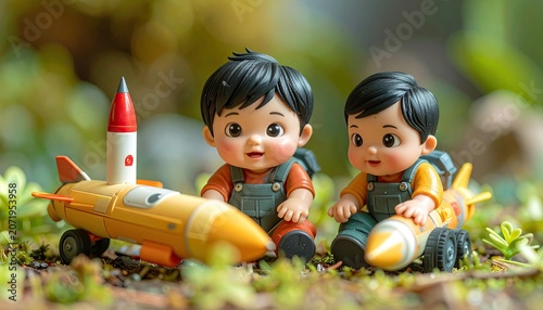 Two Toy Boys with Model Rockets in Garden