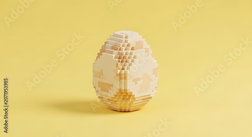 A Minimalist 3D Pixelated Egg Sculpture Rendered in Light Tones on a Solid Soft Yellow Background Concept