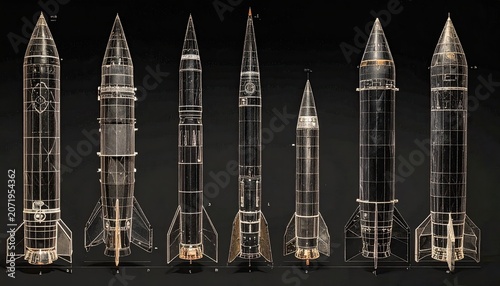 Row of Rocket Models on Dark Surface