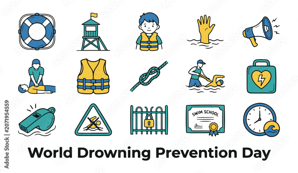 Fototapeta premium World Drowning Prevention Day Vector Icons Set with Water Safety and Rescue Elements