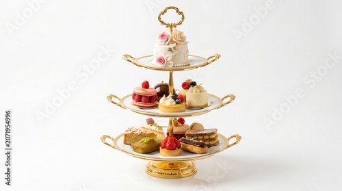 Elegant three-tier gold dessert stand displaying an assortment of gourmet pastries, including a floral-topped cake, macarons, and fruit tarts for a luxury afternoon tea or wedding celebration.