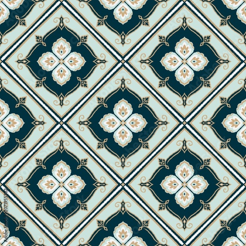 Hand-drawn Seamless Luxurious Damask Pattern Moroccan Style Diamond Tile Ornament for High-end Living Room Upholstery Fabric and Premium Gift Wrap