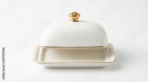 Elegant white porcelain butter dish with a domed lid featuring gold-plated trim and a gold knob, isolated on a white background.