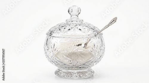Elegant cut crystal sugar bowl filled with white sugar, complete with a matching lid and a small silver spoon, isolated on a white background.