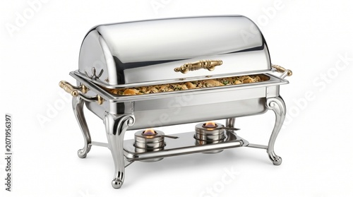 Professional stainless steel roll-top chafing dish with elegant gold accents, containing hot food and heated by two lit gel burners, isolated on a white background.