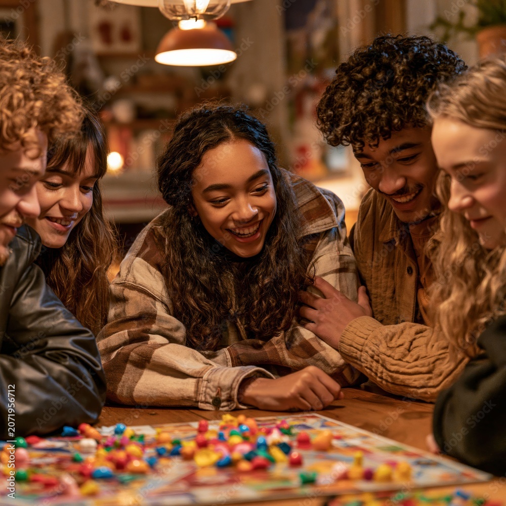 Fototapeta premium A group of friends in a great mood enjoy playing a board game together in a cozy indoor home setting filled with fun and laughter.