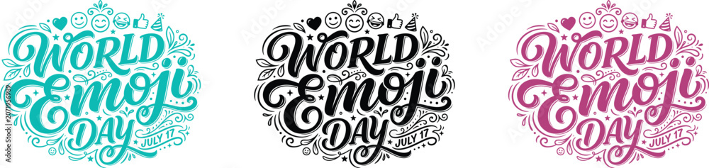 Fototapeta premium World emoji day typography set three colorful hand lettered designs with emoticons and floral elements