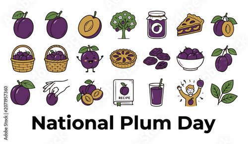 National Plum Day Illustration Collection with Various Plum-Themed Graphics and Icons