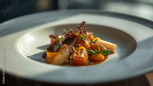 Gourmet Seafood Dish with Vegetables and Herbs on a White Plate, Sunlight